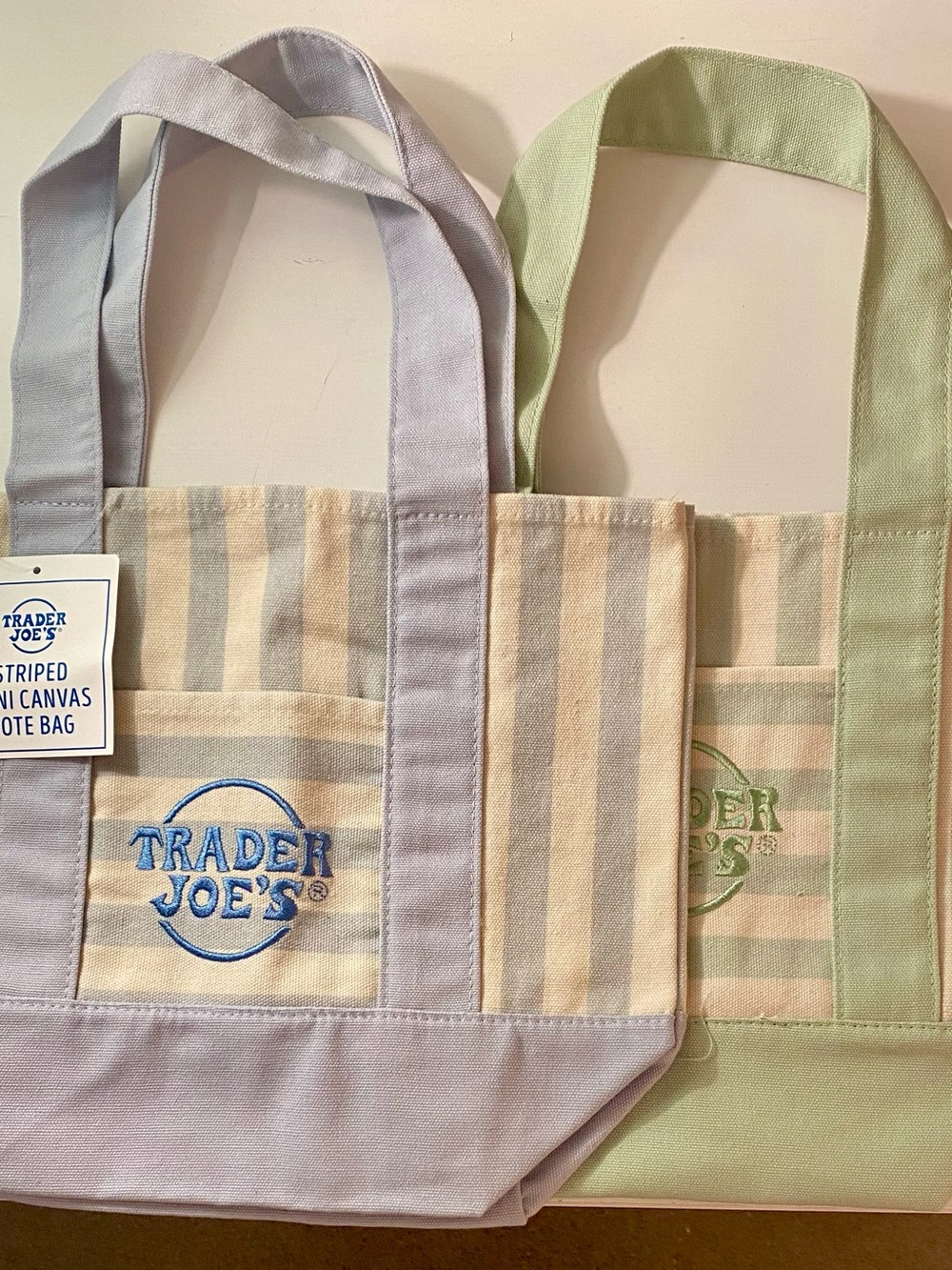 Trader Joe's Striped Canvas Tote Bag in Light Purple and Light Green